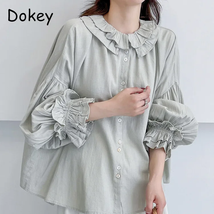 Women\'s Vintage Ruffles Collar Cotton Linen White Shirt, Japanese Mori Girl, Lantern Sleeves, Loose Tops, Female Blouses, Autumn