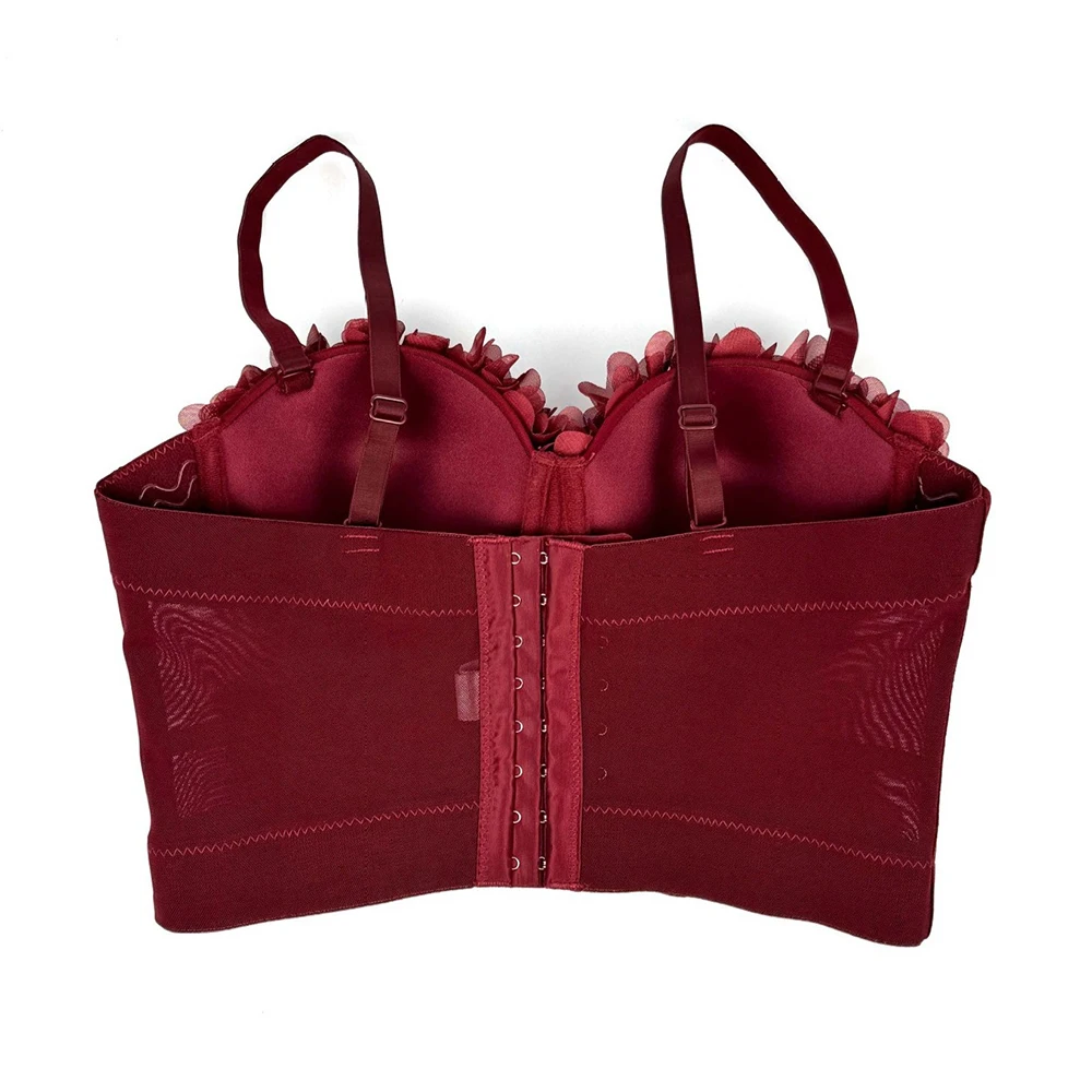 SXTHAENOO 2024 여성 패션 섹시한 프렌치 앙고르 레드 뷔스티에 백 버클 크롭 코르셋 꽃 & 깃털 탑 하이 스트리트 파티 클럽