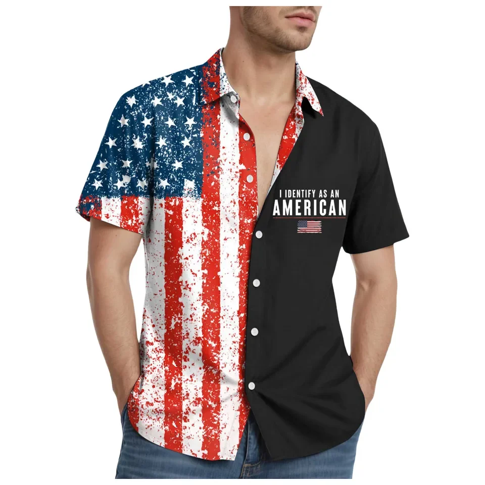 Summer Men's Shirts American Independence Day Flag Printing Color Matching Short Sleeve Button Up Shirt USA Patriotic Tops