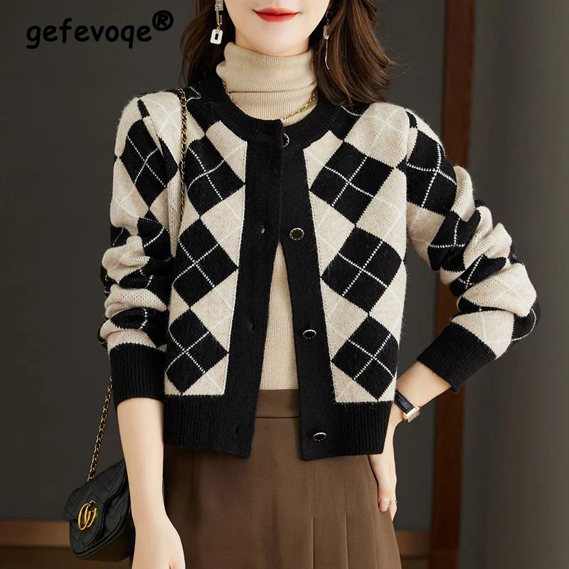 

Autumn Winter Women Vintage Argyle Single Breasted Outewear Knitted Cardigan Y2K Casual O Neck Long Sleeve Sweater Coat Jumpers