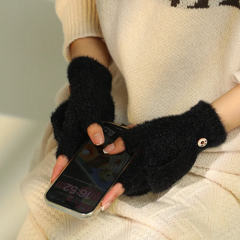 Flip Fingerlose Halbfingerhandschuhe Weich Verdickt Warm Mädchen Student Geschenk Geburtstagsgeschenk Touchscreen Modischer Winter