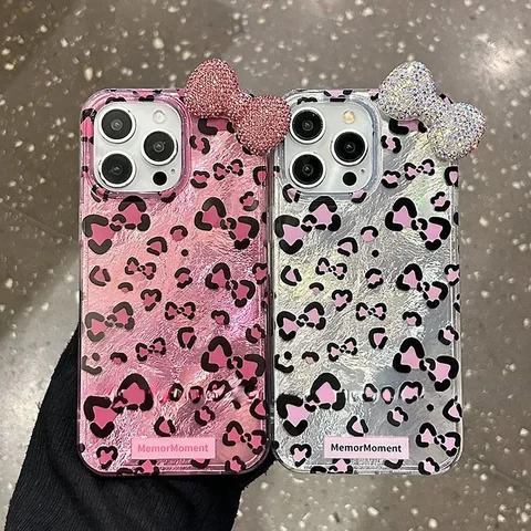 Leopard Print Hello Kitty Mirror Bow Strap Phone Case For iPhone 16 15 14 13 12 11 Pro Max XR XS MAX 7 8 Plus MINI Y2K Cover