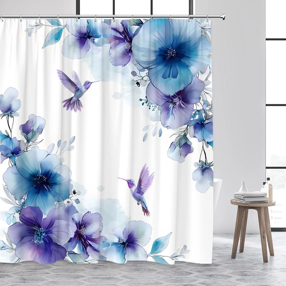 Floral Shower Curtains Purple Lavender Wisteria Cute Elf Butterfly Hummingbird Watercolour Flower Plant Bathroom Curtain Decor