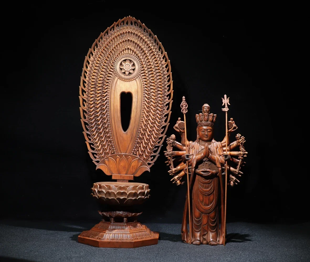 

17"Old Nepalese temples Old Boxwood Cinnabar 1000 arm Guanyin Buddha Thousand-hand Bodhisattva Lotus Buddha Platform