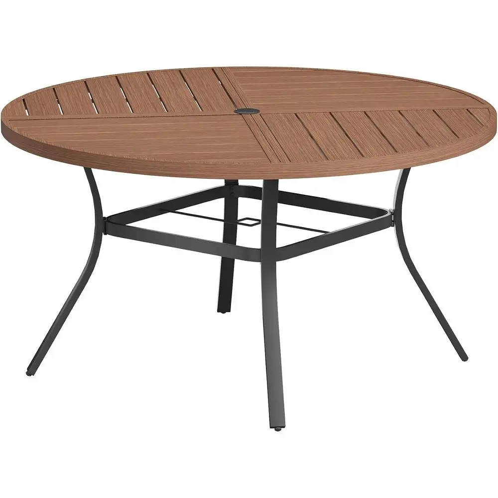 

50 All-Weather Metal Patio Dining Table with Adjustable Umbrella Hole, Walnut Wood-Like Top