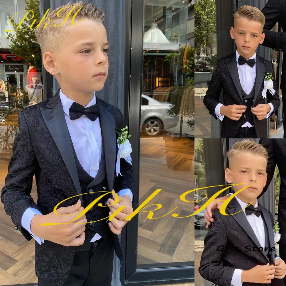 

Black Floral Suit For Boys 3 Piece Wedding Tuxedo Fashion Party Dress Formal Slim Fit Jacket Pants Vest Kids Blazer