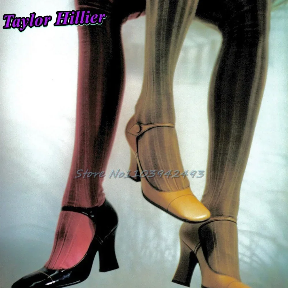 

Vintage Square Toe Pumps Mary Jane Heels Solid Strange Heel Patent Leather Heeld Sandals High Heel 8Cm Dress Designer Shoes