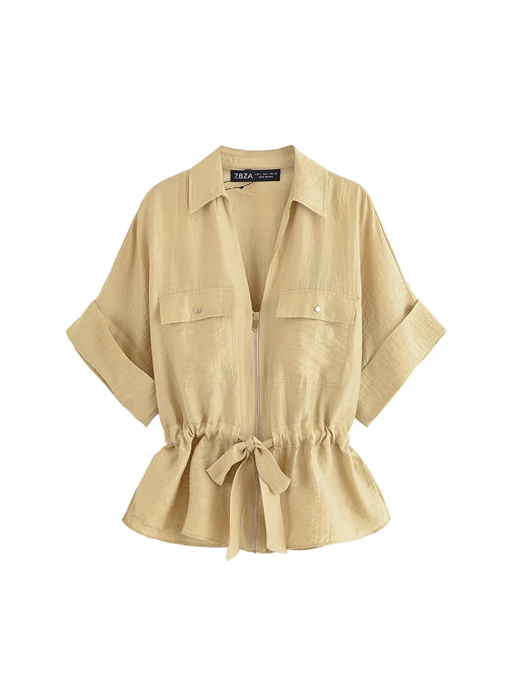 

Women Fashion Khaki Bow Lace Up Front Zipper Blouse Vintage Lapel Neck Short Sleeves Female Chic Lady Shirts