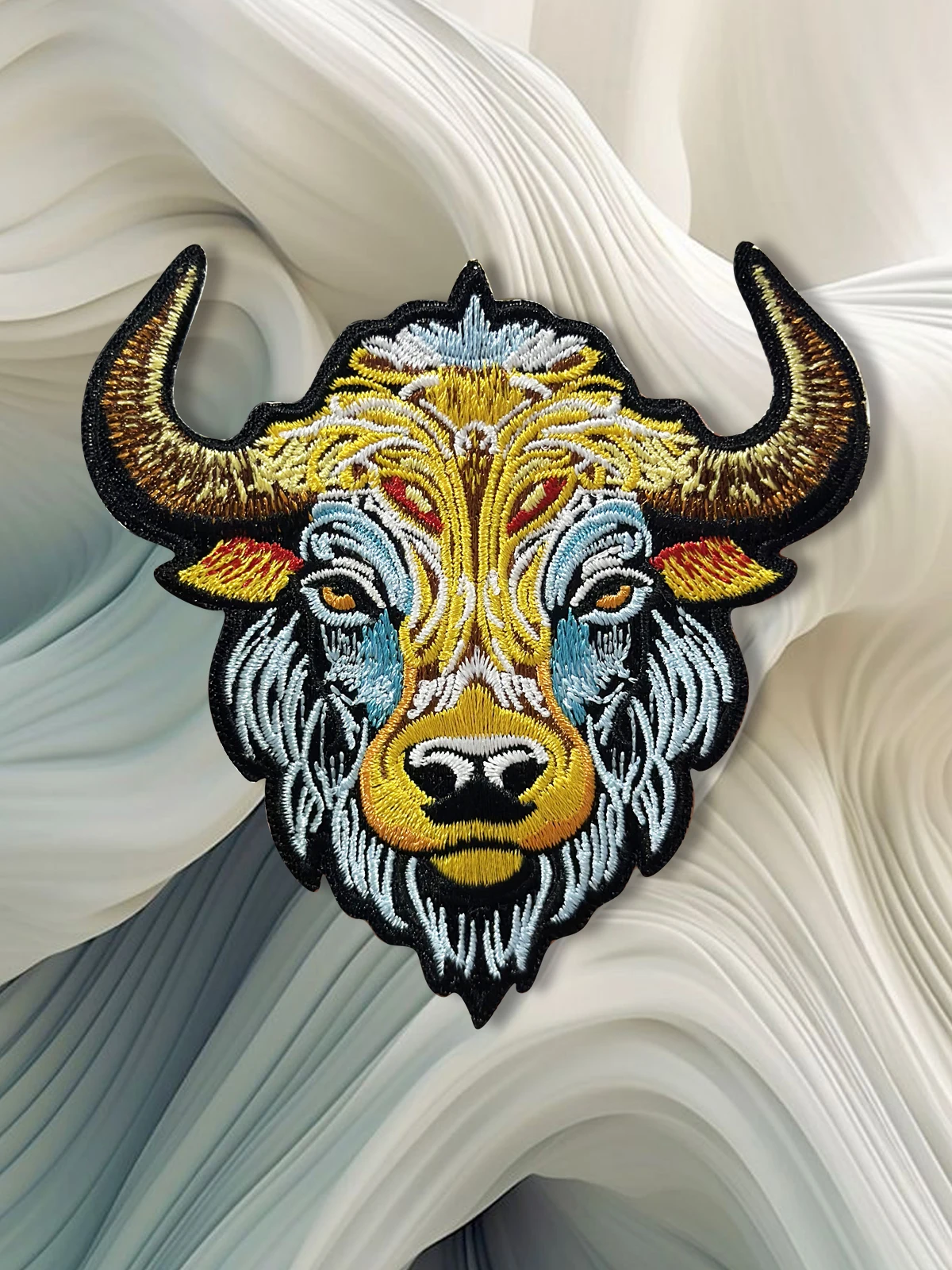 Gold Yak Cow Head Embroidery Patches for Clothing Cool Biker MC Rider Colorful Animal Badges for Vest Backpacks Caps Decoration