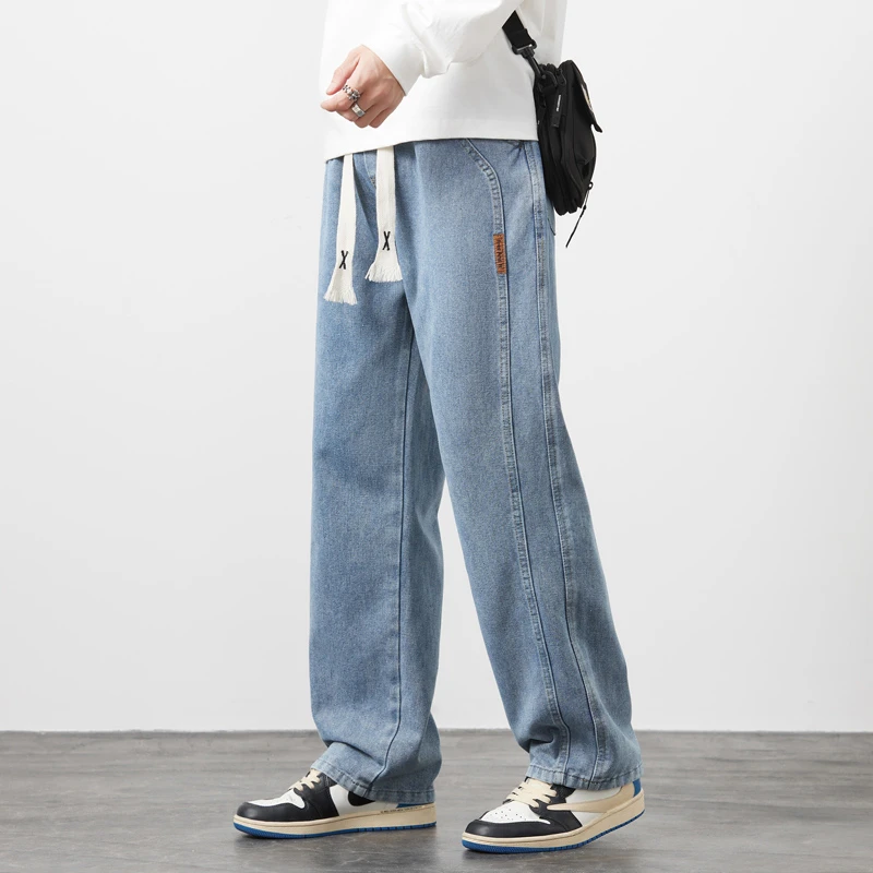 CUMUKKIYP American Men's Drawstring Jeans with Solid Color, High Street Straight Fit, Versatile Loose Wide Leg Pants