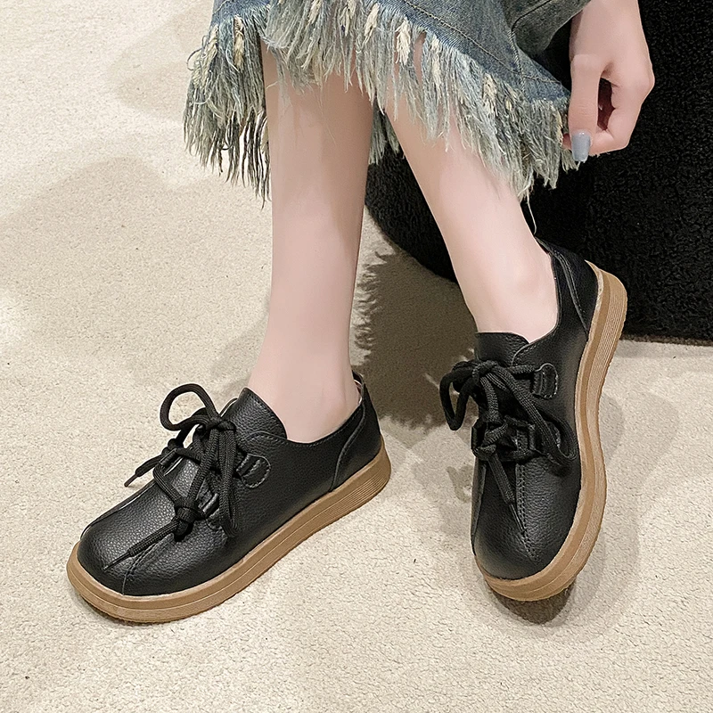 Women Single Shoes Spring and Autumn New Low Heel Round Head Lace-up College Shoes Casual Fashion Wear-resistant Leather Shoes