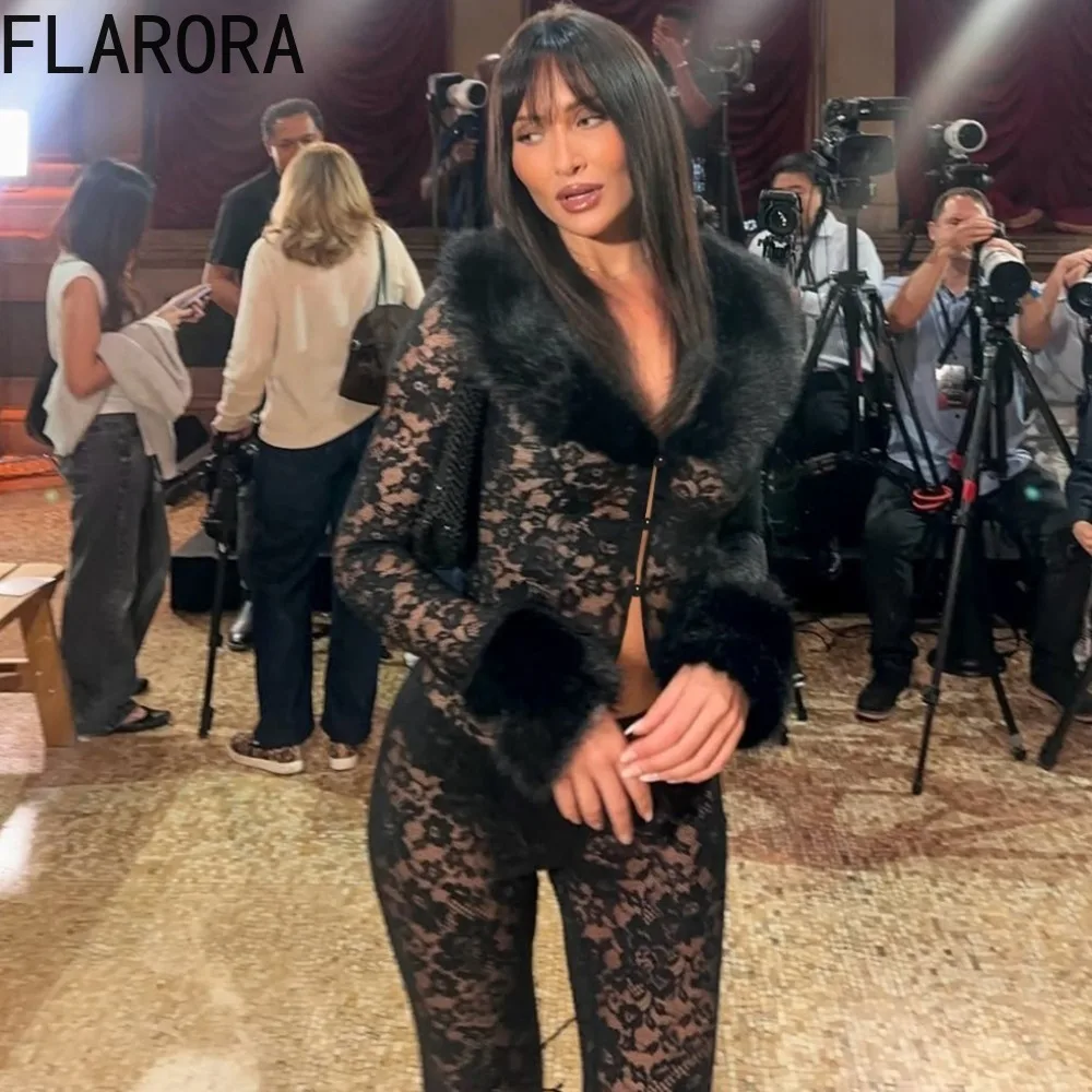 FLARORA مثير الدانتيل الفراء المرقعة 2 قطعة مجموعات امرأة الجاكار الخامس الرقبة زر واحد سترات ضئيلة و مضيئة السراويل الدعاوى ملابس الحفلات