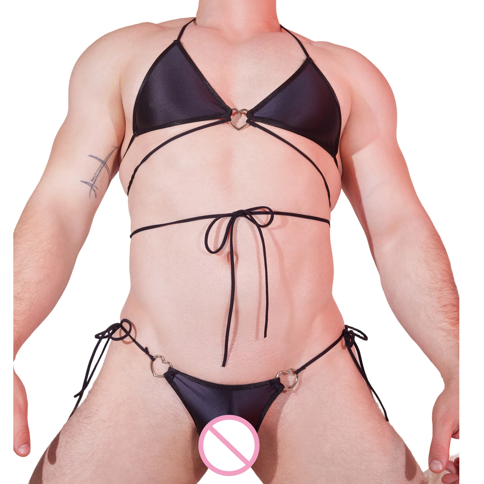 

Sexy Mens Spaghetti Strap Bra Vests + Underpants Backless Novelty Lace Sheer Lingerie Sets Erotic Male Lace-up Tops with Panties