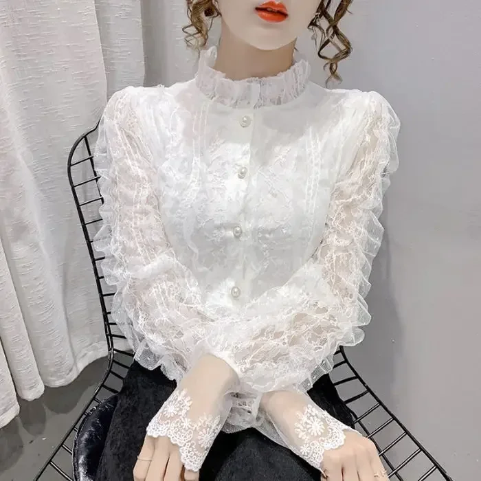 Blouse Women Shirt Lace Long Sleeve Women\'s Clothing Spring Lantern Sleeve Stand Collar Cardigan Top Blusas Mujer De Moda