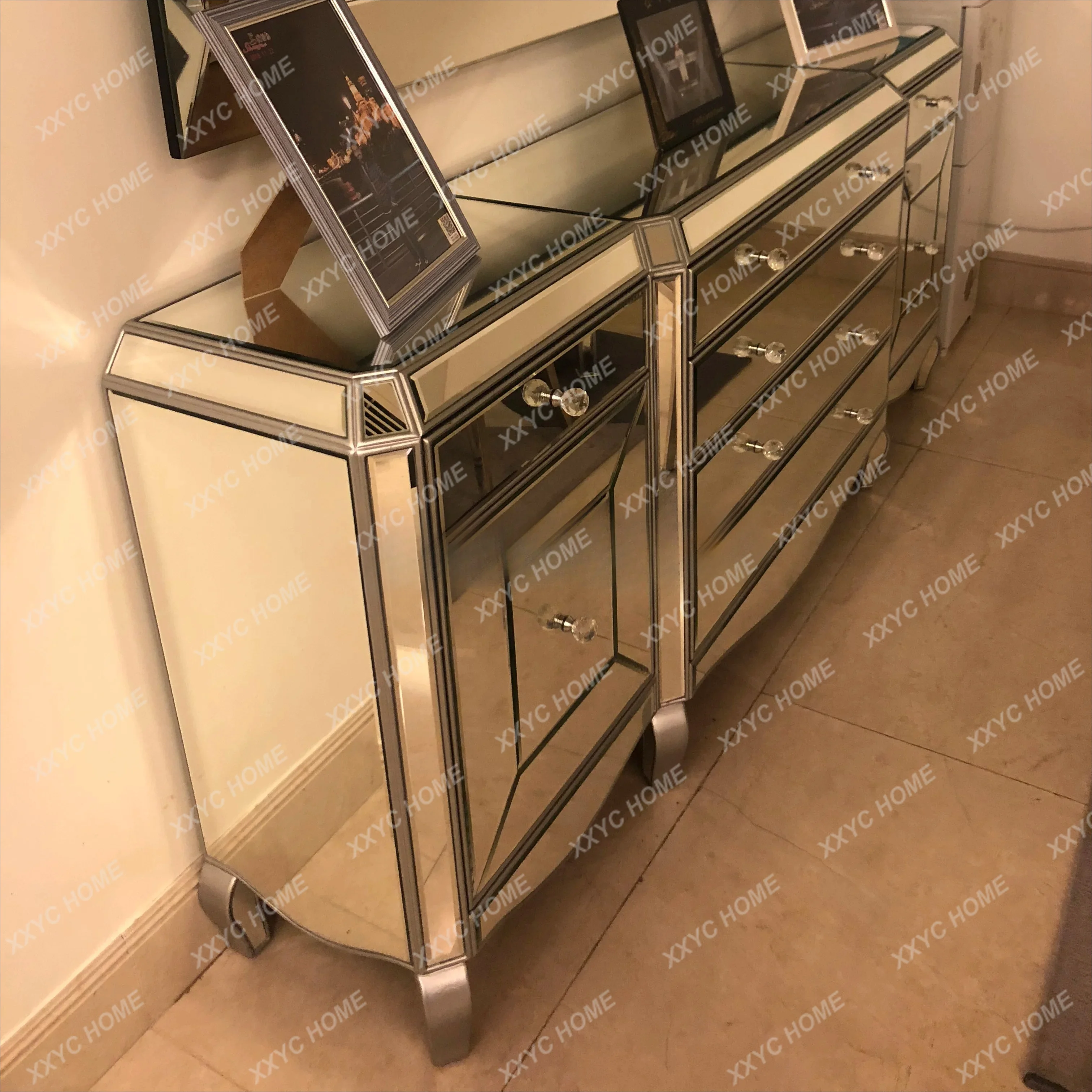 Side cabinet  living room entrance light luxury locker mirror glass TV cabinet