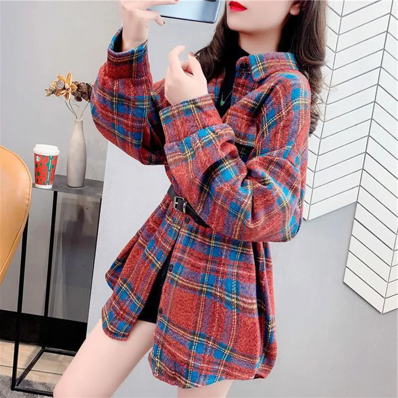 Fashion Printed Lapel Button Pockets Plaid Shirt Women's Clothing 2022 Autumn New Loose Casual Tops All-match Commute Blouse