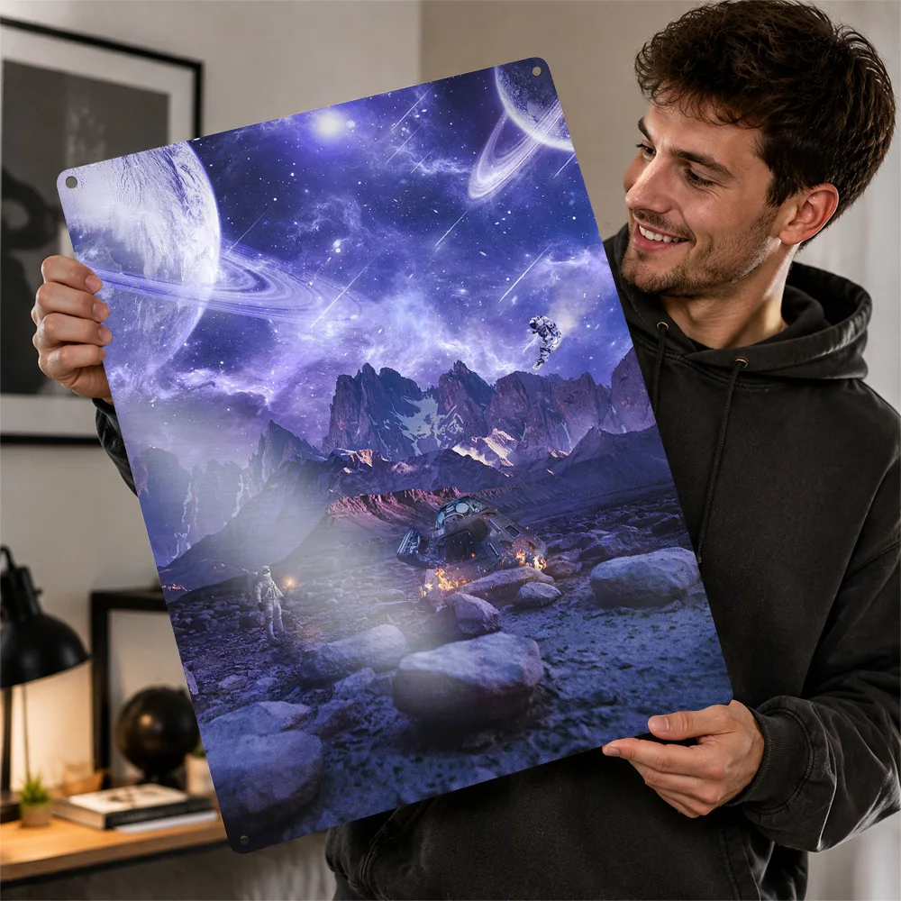 Astronauts On Rocky Alien Planet Textured Metal Poster Cosmic Wall Art For Living Room Personalized Aluminum Sign Stargazer Gift