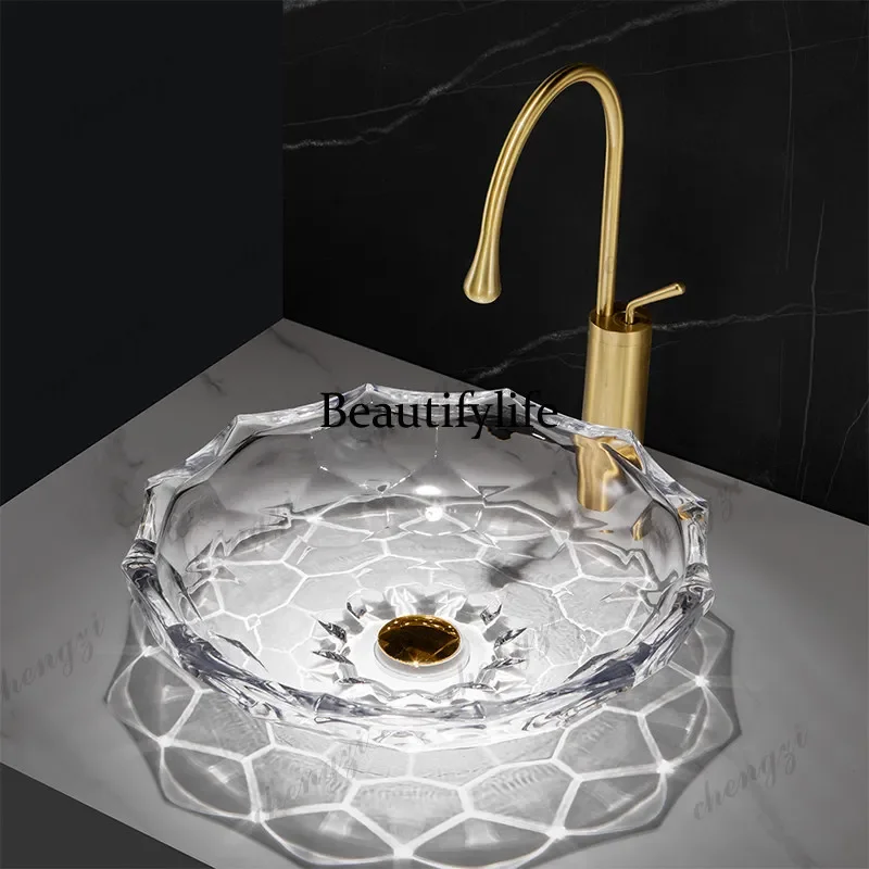 c139 Light luxury crystal glass wash basin, die-casting art, transparent lotus table basin, wash basin hotel