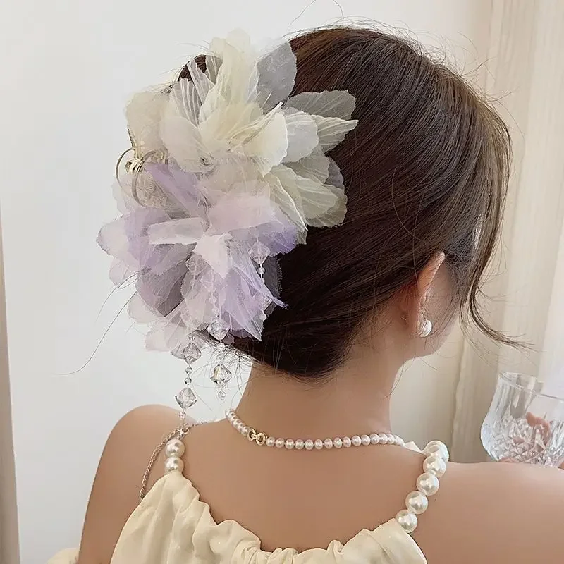 Exquisite Rose Tassel Hair Claw for Women Korean Style Headpiece Female Casual Hair Accessories Large Hair Clip New Headwear