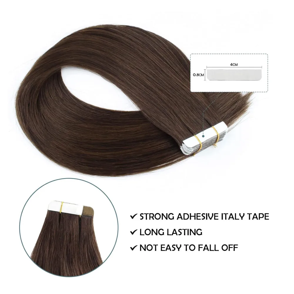 Extensões de cabelo de fita reta para mulheres, 100% cabelo humano real, trama da pele, sem costura, 26 ", #2, marrom, 20pcs, 50g