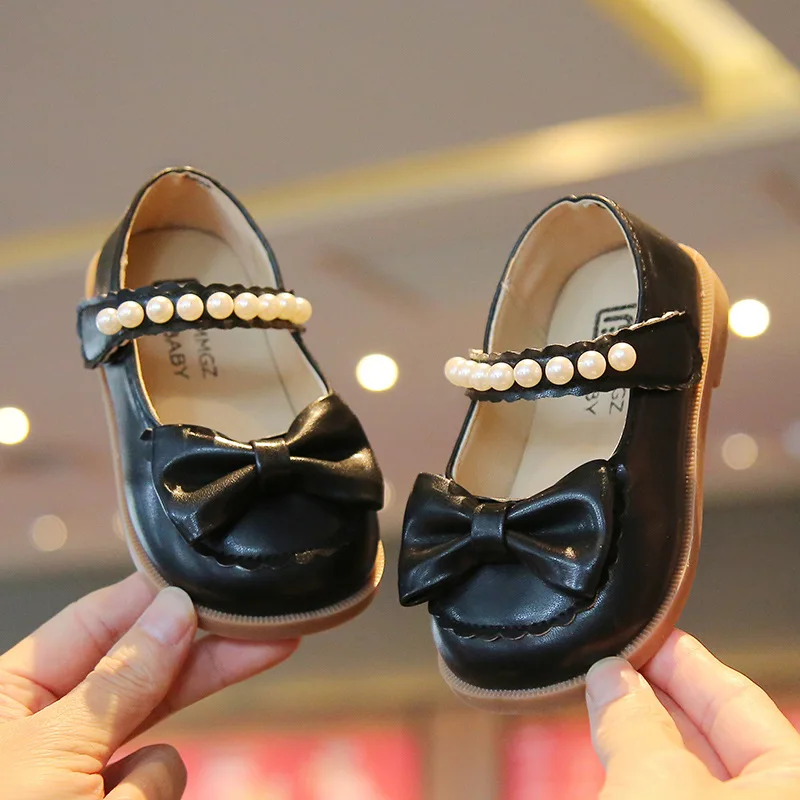 Spring Autumn Girls Leather Shoes Cute Bow Toddler Girl Shoes Soft Bottom Fashion Pearl Kids Princess Shoes