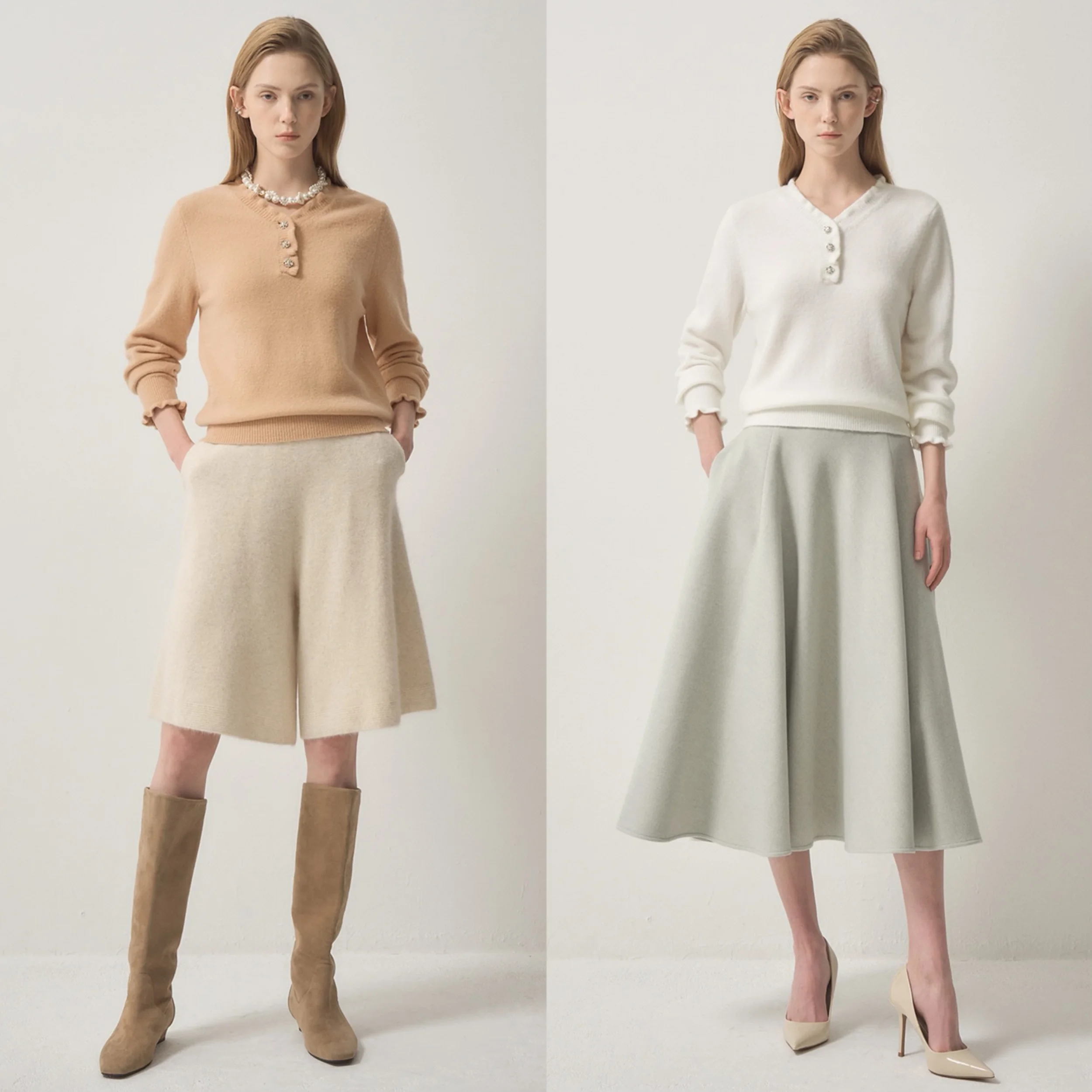 

LNVIN 2024, зимний утягивающий шерстяной вязаный свитер с деревянным воротником и сверкающими хрустальными пуговицами, простой дизайн