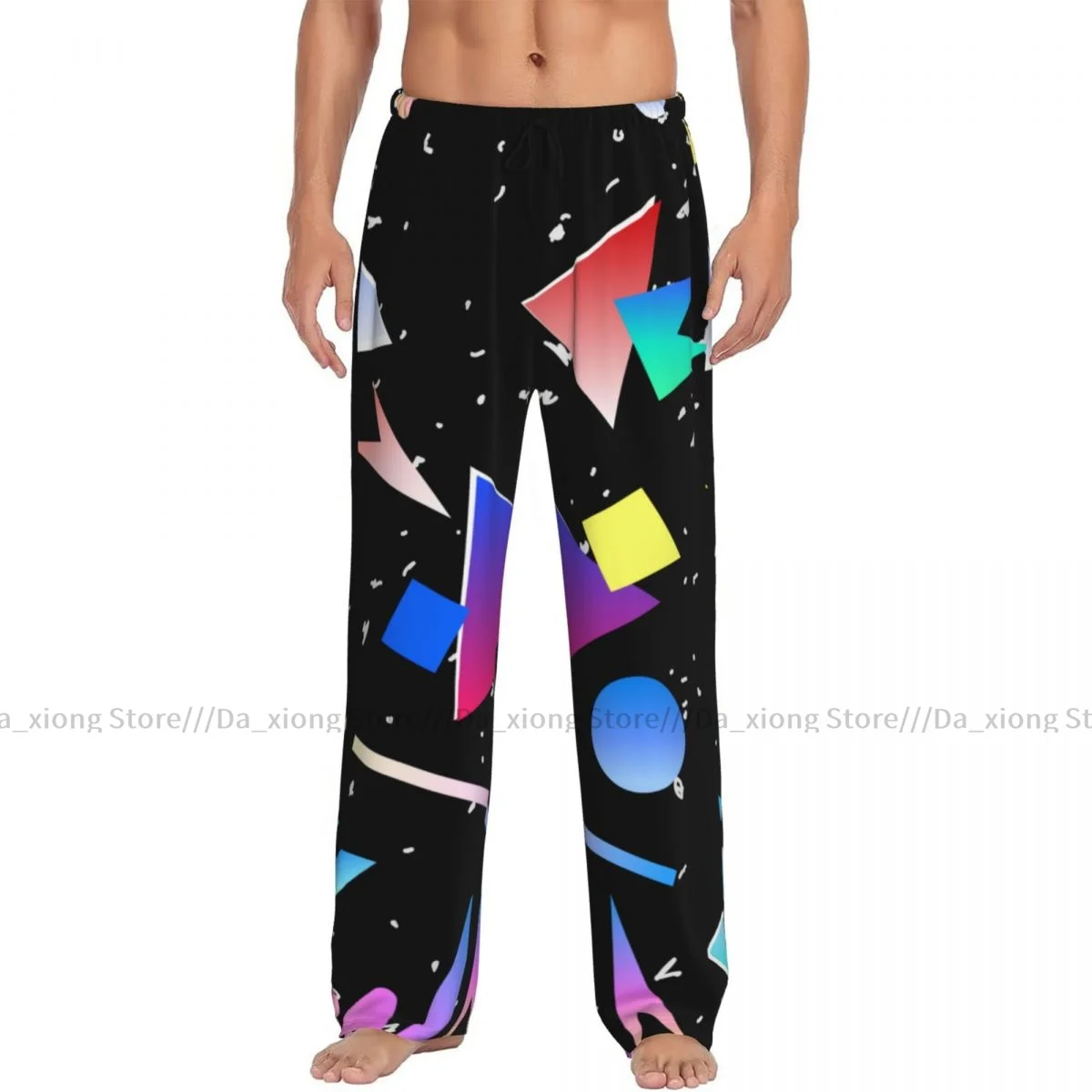 Mens Casual Pajama Long Pant Loose Elastic Waistband Triangular Geometric Colorful Print Cozy Sleepwear Home Lounge Pants