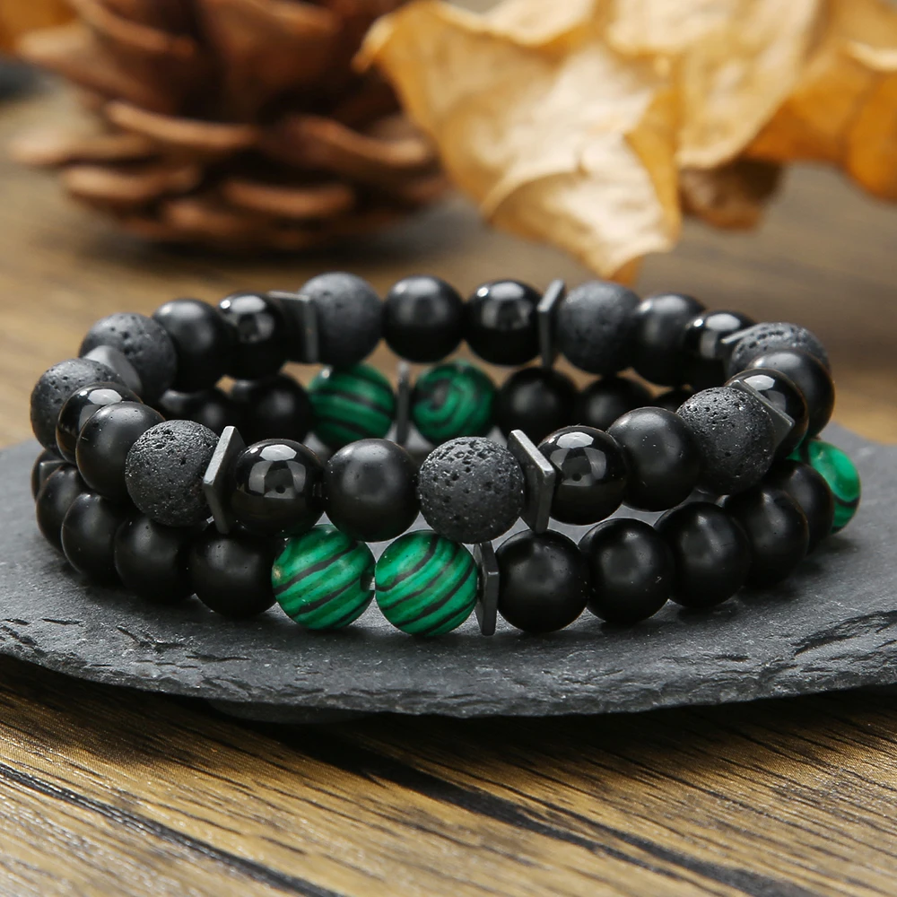 2Pc/s Elastic Volcanic Stone Bracelet Jewelry Fashion Black Agate Green Peacock Black Gallstone Men's Matching Bracelet Jewelry
