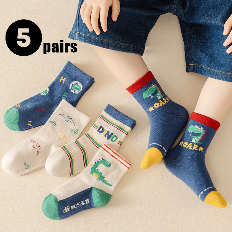 5 Pairs/Lot Children'S Socks Fall Winter New Cartoon Dinosaur Kids Mid-Tube Socks Soft Cotton Warm Sock For Boys And Girls