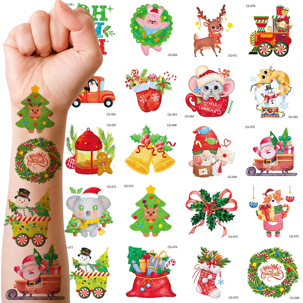 

20PCS Sparkling Christmas Temporary Tattoo Stickers, Suitable for Female Santa Claus, Christmas Tree, Elk, Waterproof Tattoo