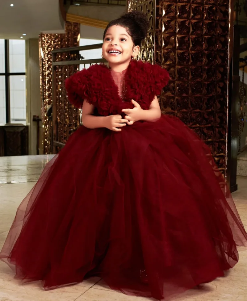 Burgundy Flower Girl Dresses V Neck Beaded Decorated Tiered Tulle Princess Gown Girls Birthday Party Dress