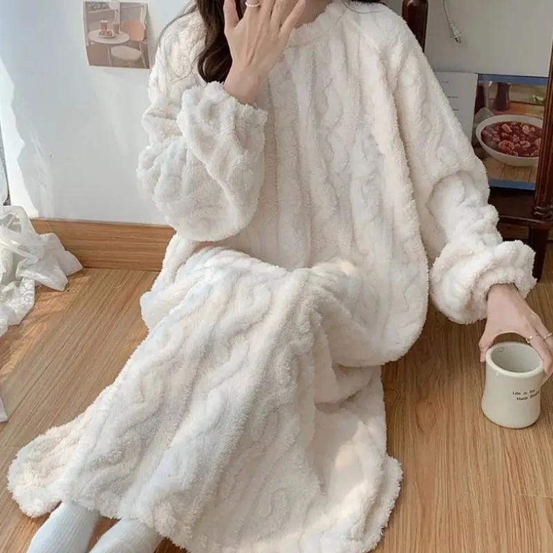 Winter Long Sleeve Double Pocket Flannel Nightgowns Women Loose Solid Sleepwear Jacquard Night Dress Thickened Warm Nightdress