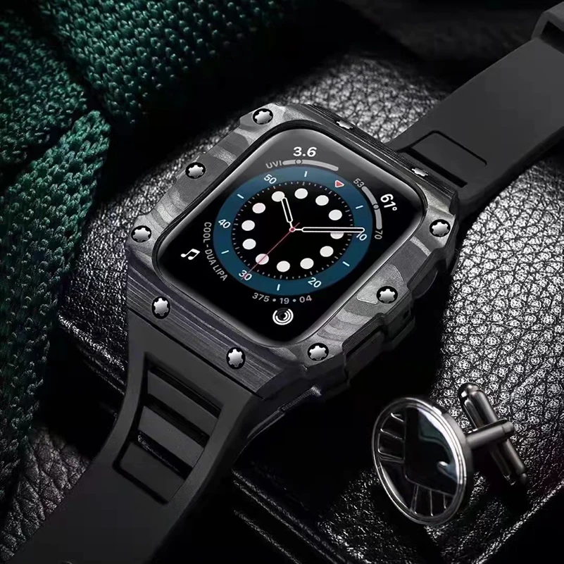 

Luxury Carbon Fiber Case for Apple Watch 8 45mm Band 41mm Rubber Strap for apple watch SE 6 5 4 44mm 40mm series 7mm 45 Bracelet