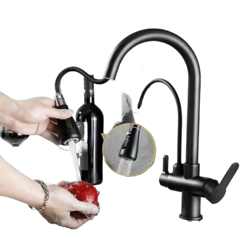 Matte Black Kitchen Faucet Pull-Out Sprayer 360 ° Rotation 3-Way Water Filter Mixer for Kitchen Sink