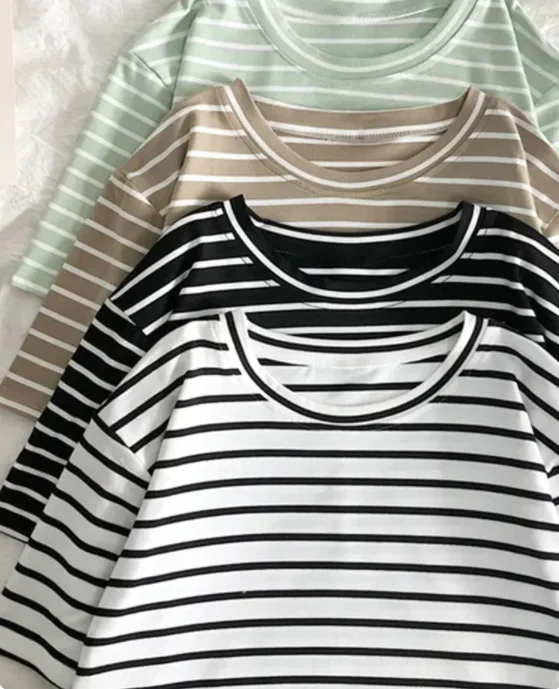 U075   Short Sleeve  O-Neck Casual Fashion Shirt  Feminina Tops T Shirt Women Solid Color Striped  T-shirt