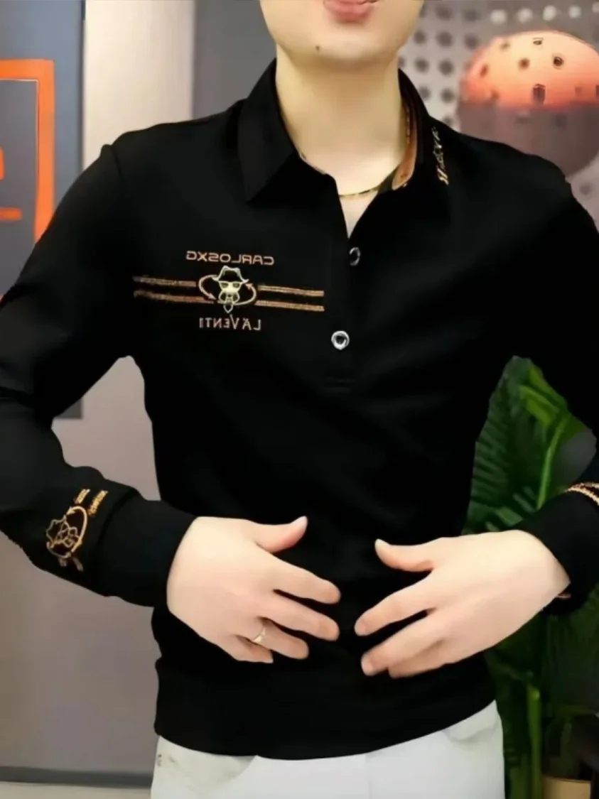 

Мужская молодежная футболка с длинным рукавом и принтом, модная, брендовая, на пуговицах, универсальная, легкая, толстовка-топ, европейские товары