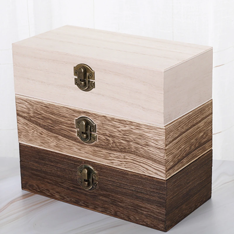 Home Storage Box Natural Wooden With Lid Golden Lock Postcard Organizer Handmade Craft Jewelry Case Wooden Boxes