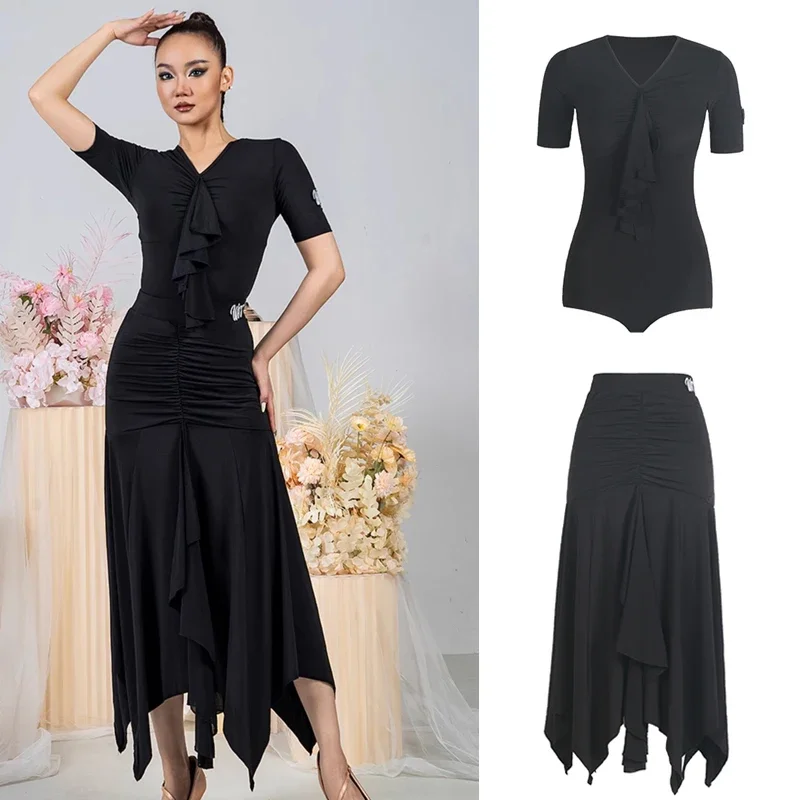 

New Waltz Modern Dancing Dresses Short Sleeves Latin Top Ruffled Skirt Women'S Ballroom Dance Competition Costumes SL12975