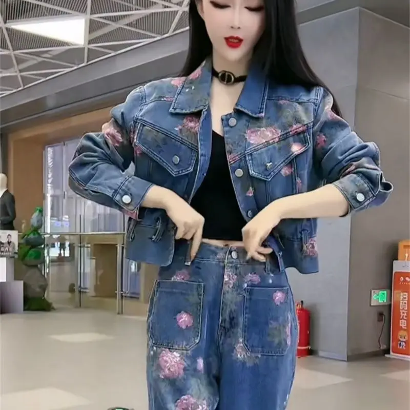 Fashion Denim Suit Women 2026 Spring New Item Slimming and Age Reducing Retro Printed Denim Top Pants Two-piece Set Female