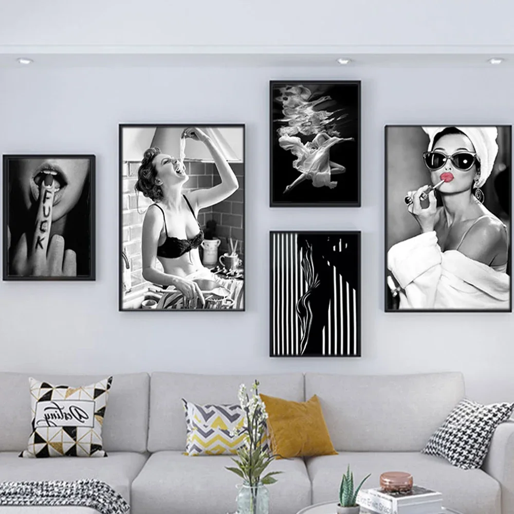 Modern Pop Wall Art Fashion Luxury Black and White Woman Sexy Girl HD Canvas Print Poster Home Living Room Bedroom Decoration