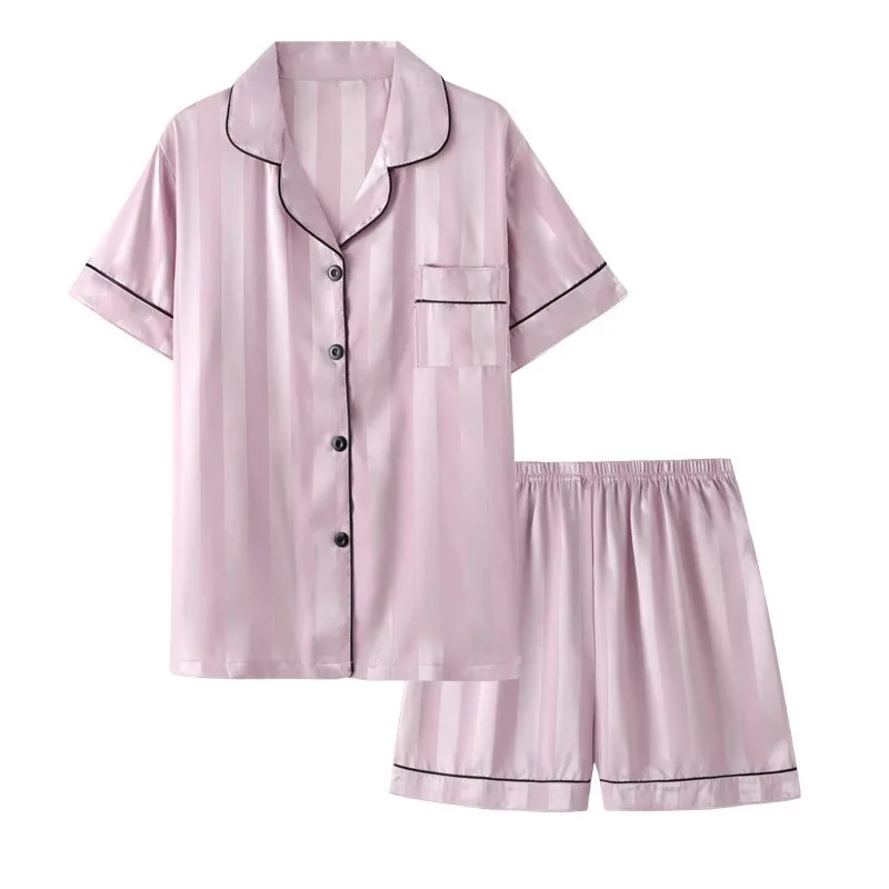2-teiliges Set Sexy Nachtwäsche für Damen aus Eisseide mit Kurzen Ärmeln, Gestreifter Cardigan mit Revers, Damen-Pyjama für Zuhause – Detail 6