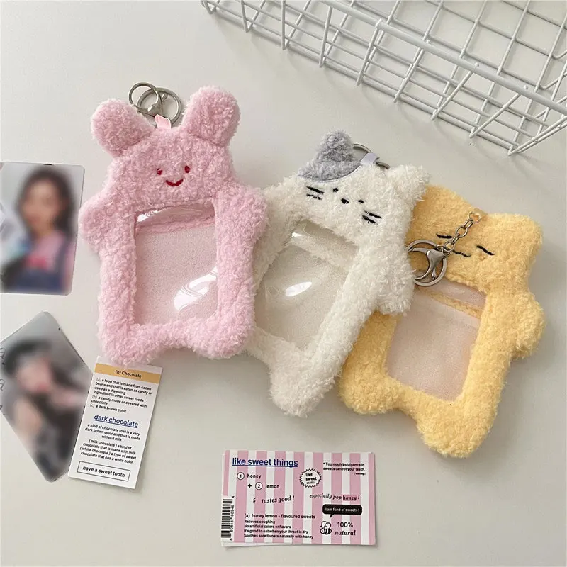 

Korea Cute Cat Rabbit Plush Photocard Holder Kpop Idol Photo Sleeve Protective Case Student ID Card Cover With Keychain Pendant