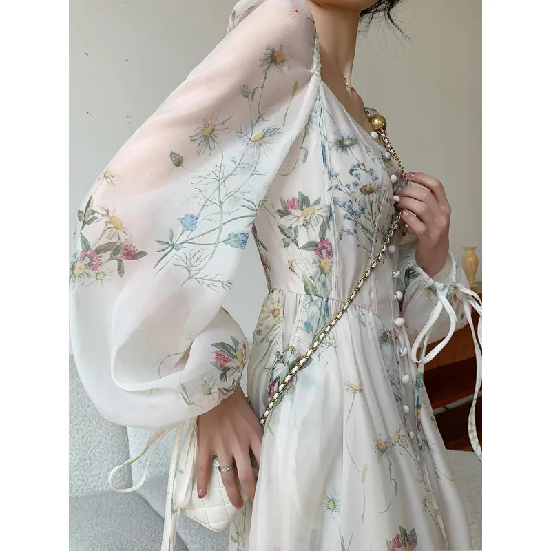 

French Style Women's Dress2024Spring New Square Neck Organza Slimming Printed First Love Fairy Dress Tea Break Long Dress