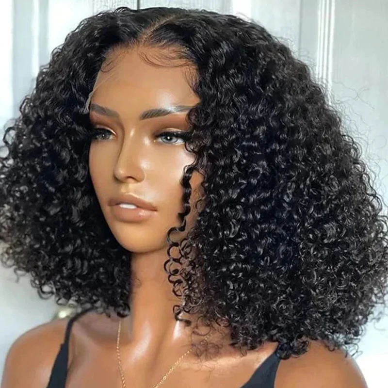 Perruque Bob Lace Front Wig brésilienne naturelle, cheveux courts bouclés, Deep Wave, noir, # 1B, 13x4