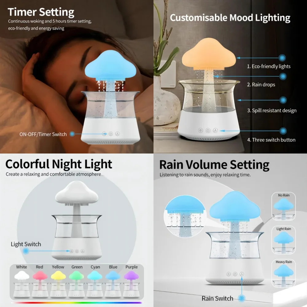 

Colorful Ultrasonic Cloud Rain Diffuser Humidifier - Relaxing Aromatherapy with Atomization Technology, Serene and Soothing Mist