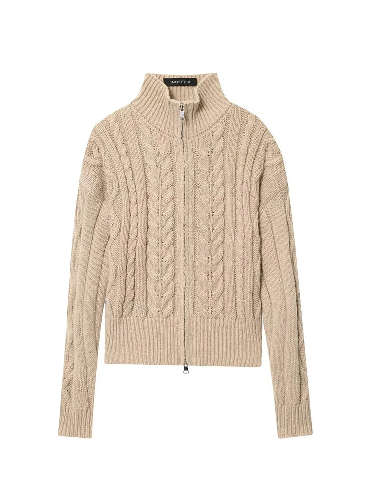 HH Women Autumn New Fashion Lazy Style Zipper Stand Collar Twist Knitted Cardigan Female Versatile Warm Long Sleeve Sweater