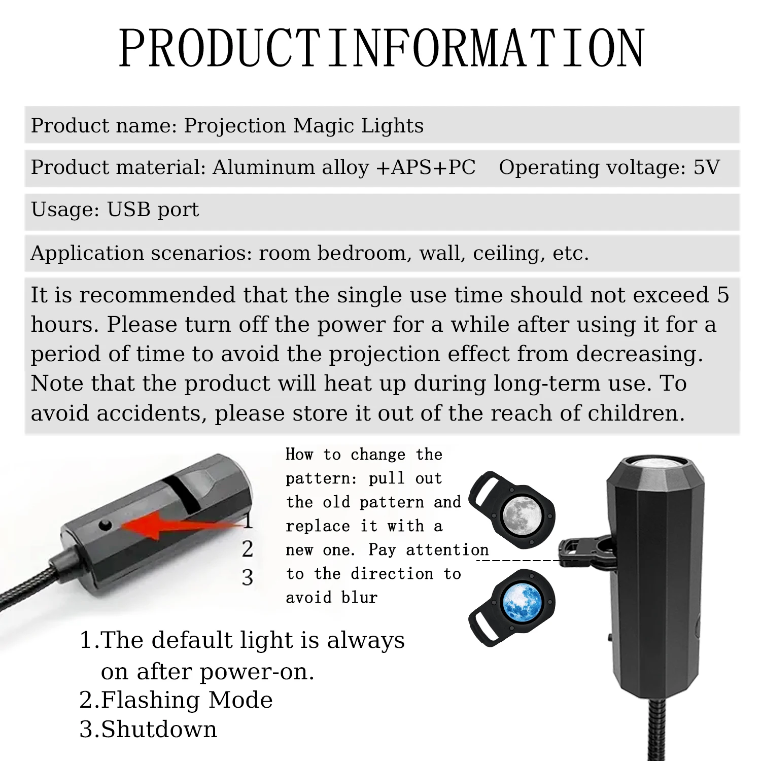 Three-color moon-changeable atmosphere light, LED starry sky projection light, USB interface electronic light