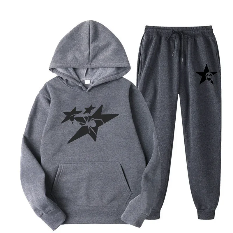 Spider Star Pattern Hoodie Sets Men Women 2024 Spring Autumn New Design High Street Hip Hop Style Oversized Hooded+Pants Sets