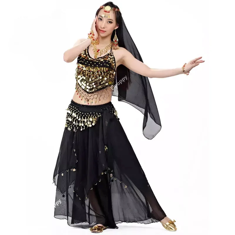 

2024 New Indian Costume Set 4-pieces Belly Dance Veil Top Coins Hip Scarf Skirt Belly Dance Costume Women