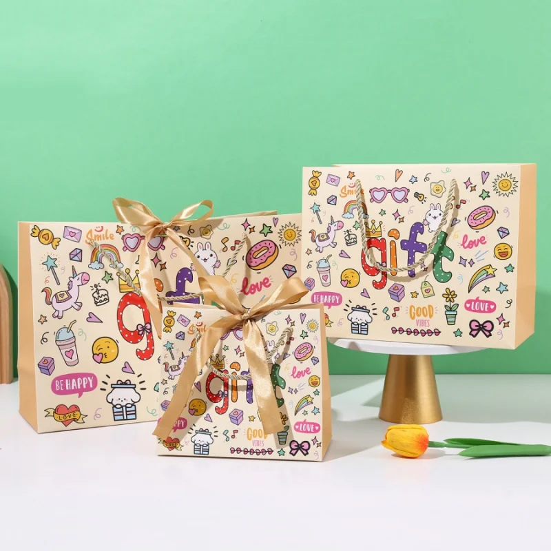 3pcsCartoon Graffiti Small Gift Bag Birthday Holiday Party Storage Tote Bag Baking Gift Packaging Bag